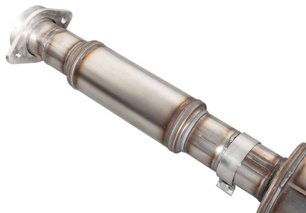 Close-up of STILLEN resonator on Ford F-150 cat-back exhaust system for improved performance and tone